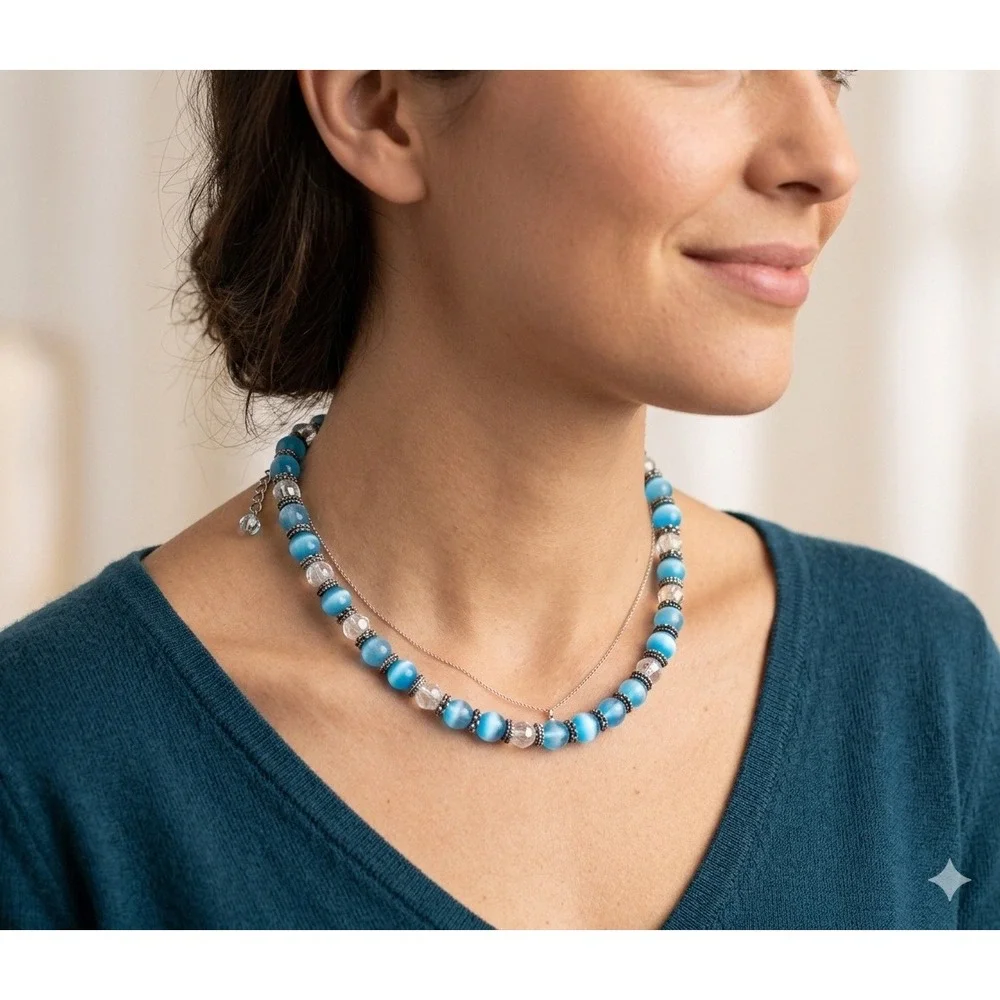 Vintage Beaded Necklace Blue Cats Eye‎ Glass Silver Tone Boho Strand Clear Beads